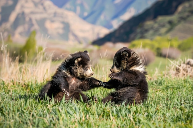 Zwei liebenswerte Tian Shan-Bärenjungen mit weißen Krallen spielen im Gras