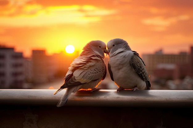 Zwei Liebesvögel auf dem Draht neben dem Sonnenuntergang