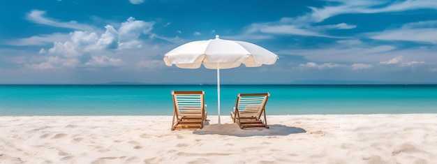 Zwei Liegestühle unter einem Sonnenschirm am Strand