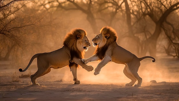 Zwei Löwen im Kampf in der afrikanischen Savanne
