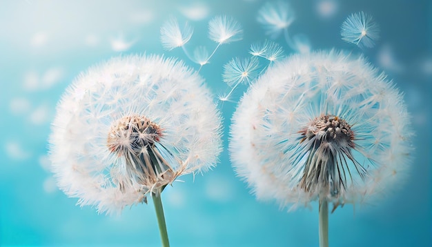 Zwei Löwenzahnblüten mit fliegenden Federn auf blauem Bo