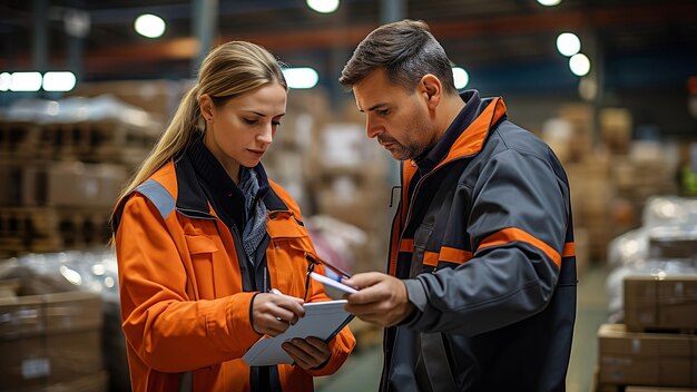 Zwei Logistikmitarbeiter stehen im Lager zwischen Kartons und überprüfen die von der KI generierten Lieferungen