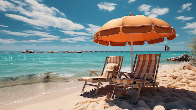 Zwei Loungestühle und ein Sonnenschirm am Strand