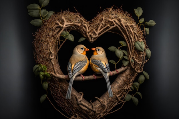 Foto zwei lovebirds sitzen auf einem ast mit einem herzförmigen nest - ein symbol für liebe und bindung