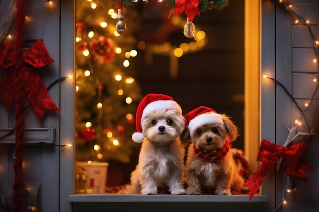 Zwei lustige und niedliche kleine Hunde tragen Weihnachtsmannshüte vor einem weihnachtlich geschmückten Haus