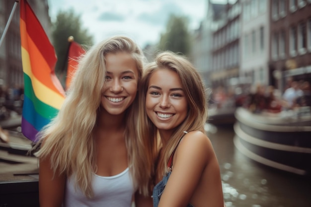 Zwei Mädchen an einem Kanal in Amsterdam, eines trägt ein weißes Tanktop und das andere trägt ein weißes Tanktop.