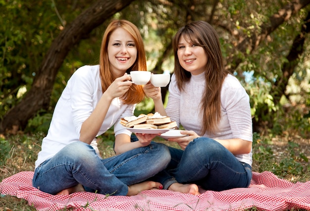 Zwei Mädchen beim Picknick. Herbst im Freien.