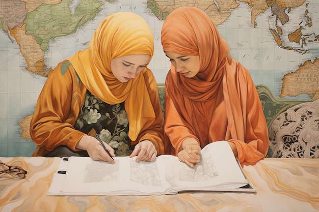 Zwei Mädchen, die Hijabs tragen, studieren den Koran im Stil kulturell vielfältiger Elemente in Hellorange