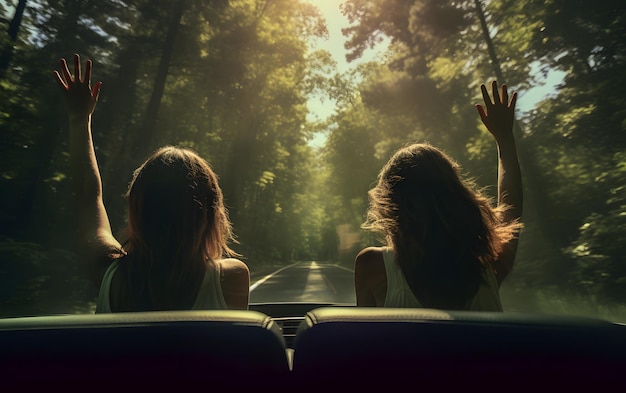 Zwei Mädchen fahren im Sommer mit den Händen hoch in einem Auto