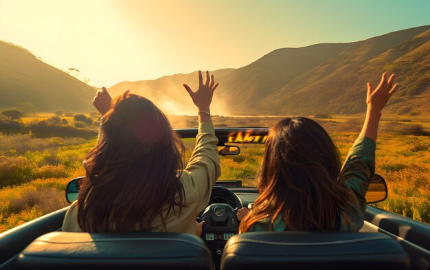 Zwei Mädchen fahren im Sommer mit den Händen hoch in einem Auto