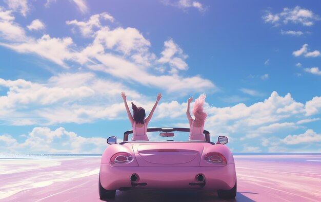 Zwei Mädchen fahren im Sommer mit erhobenen Händen in einem Auto