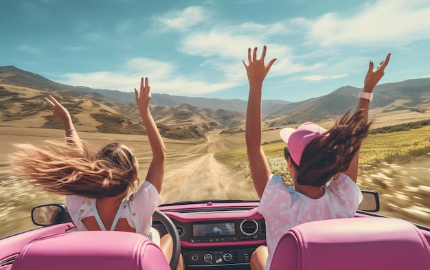 Zwei Mädchen fahren im Sommer mit erhobenen Händen in einem Auto