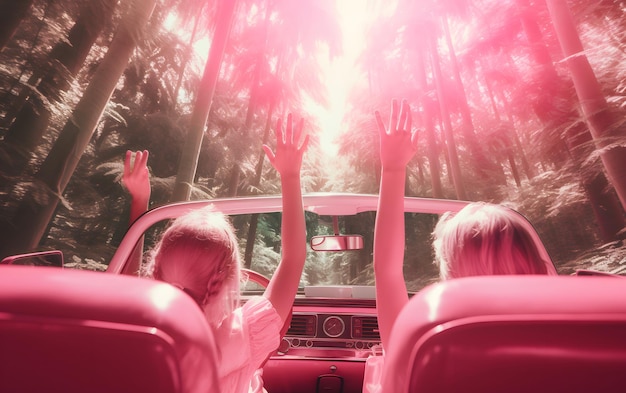 Zwei Mädchen fahren im Sommer mit erhobenen Händen in einem Auto