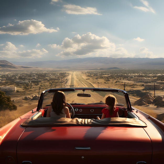 Foto zwei mädchen fahren im sommer mit erhobenen händen in einem auto