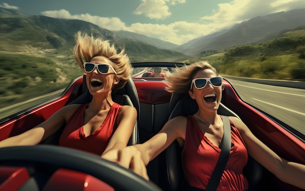 Zwei Mädchen fahren im Sommer mit erhobenen Händen in einem Auto