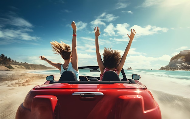 Zwei Mädchen fahren im Sommer mit erhobenen Händen in einem Auto