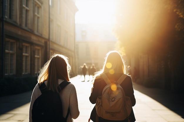 Zwei Mädchen gehen eine Straße entlang, eines von ihnen hat einen Rucksack auf dem Rücken.