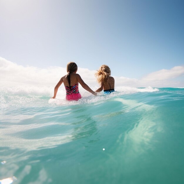 Zwei Mädchen im Meer, eines von ihnen hält ein Surfbrett.