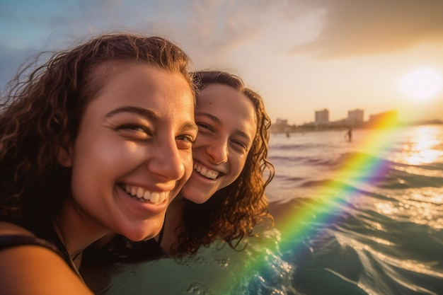 Zwei Mädchen im Ozean mit einem Regenbogen im Hintergrund