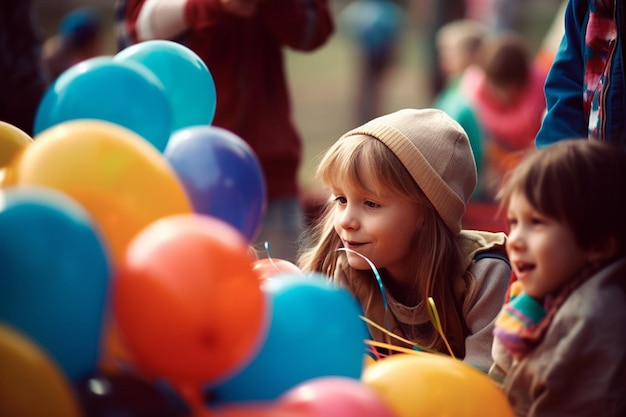 Zwei Mädchen in einer Menge bunter Luftballons