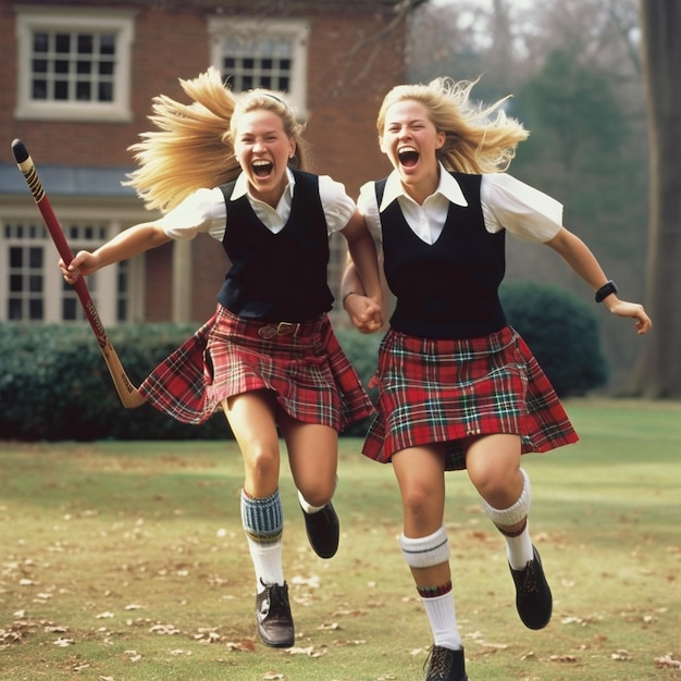 Foto zwei mädchen in kilt lachen und lachen, eines hat ein schwert im mund.