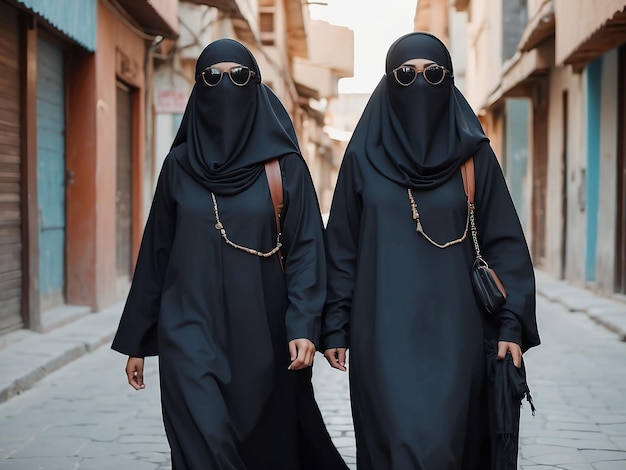 Foto zwei mädchen mit burkas und brillen gehen die straße entlang