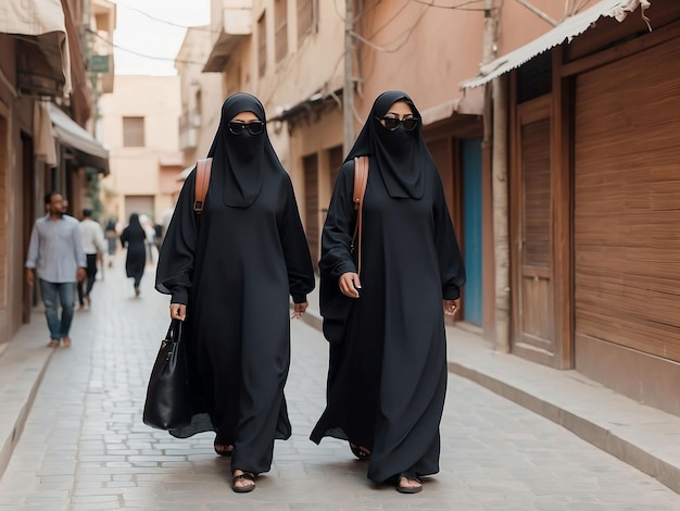 Zwei Mädchen mit Burkas und Brillen gehen die Straße entlang