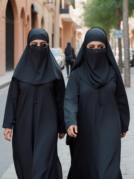 Zwei Mädchen mit Burkas und Brillen gehen die Straße entlang