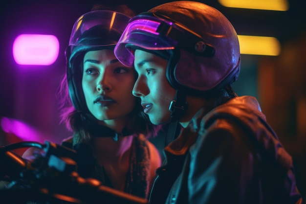Zwei Mädchen mit Helmen in lila Neonlicht auf einem Motorrad