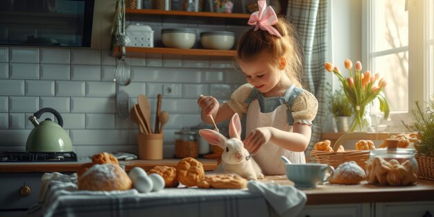 Zwei Mädchen mit Kaninchenohren backen Kekse in der Küche
