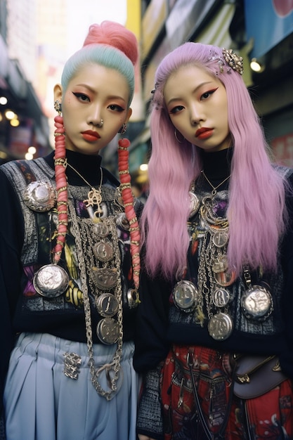 Foto zwei mädchen mit lila haaren und einem rosa haar