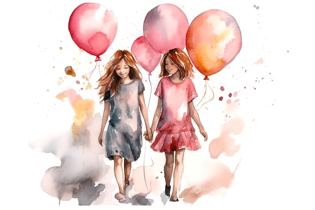 Zwei Mädchen mit rosa Luftballons, fröhlicher Kindertag, bunte Illustration, generative KI