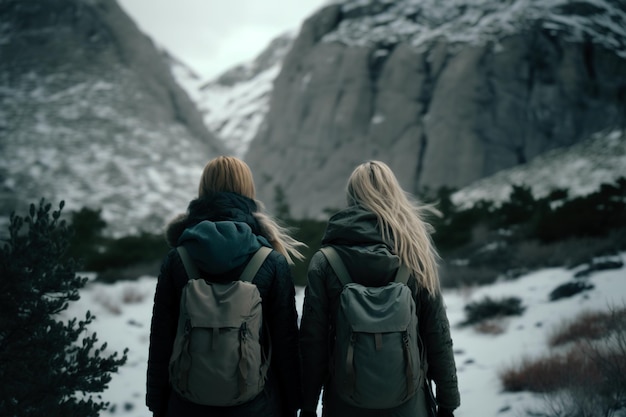 Zwei Mädchen mit Rucksäcken genießen einen Winterspaziergang im schneebedeckten Wald mit Bergen