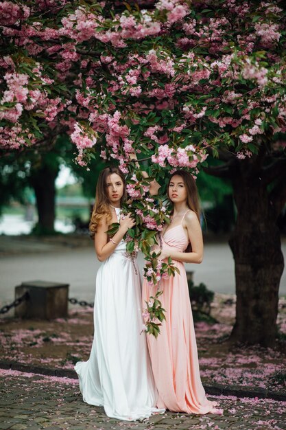 Zwei Mädchen nahe einem blühenden Baum. Zum Beispiel ein Porträt einer jungen, schönen, modischen Dame