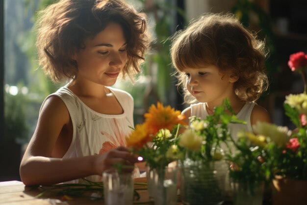 Zwei Mädchen pflegen Blumen in Glasvasen, sonniger, warmer Raum