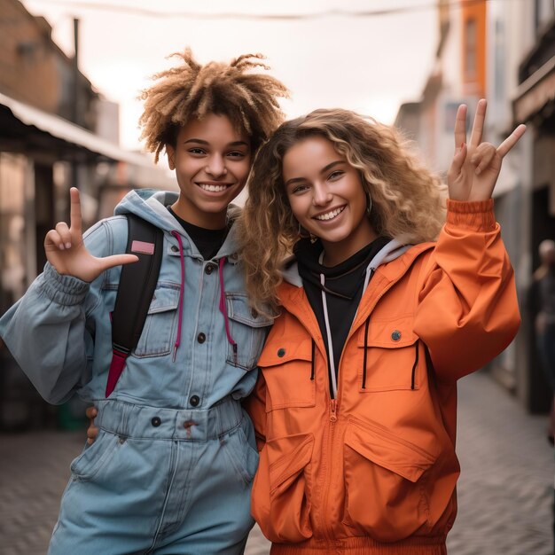 Zwei Mädchen posieren für ein Foto mit dem Wort Frieden auf ihrer Jacke