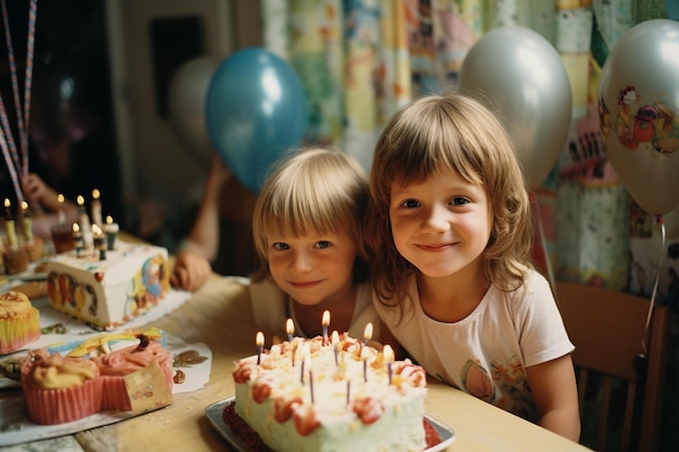 Zwei Mädchen sitzen an einem Tisch mit einem Kuchen und brennenden Kerzen.