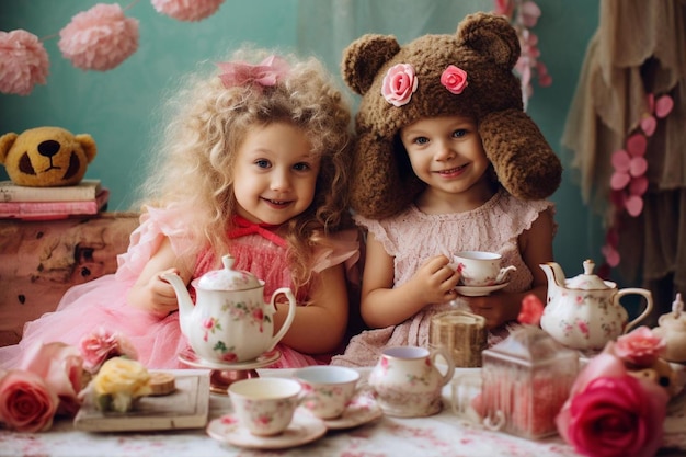 Zwei Mädchen sitzen an einem Tisch mit Teebechern und eine hat rosa Blumen darauf.