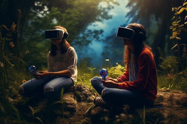 Foto zwei mädchen spielen ein virtual-reality-spiel