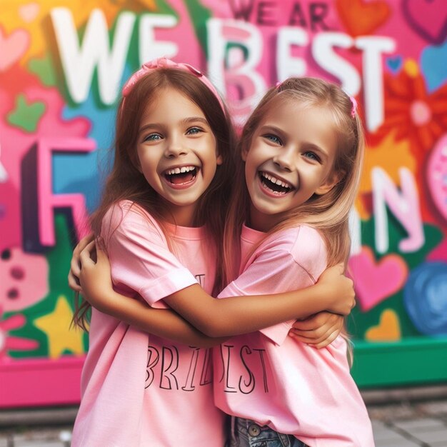 Foto zwei mädchen umarmen sich in rosa hemden, die sagen, sie seien die besten