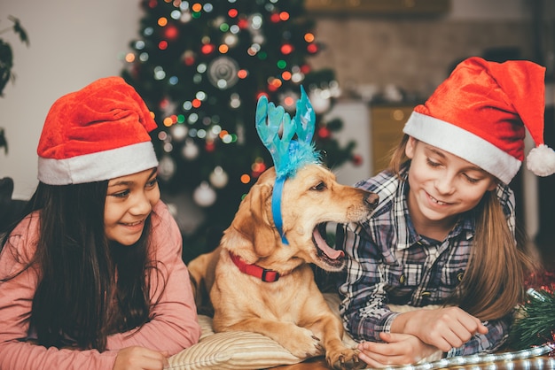 Zwei Mädchen und der Hund, die vor dem Weihnachtsbaum legen