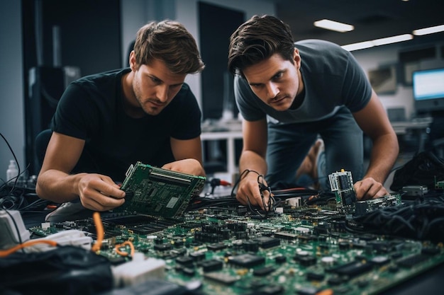 Foto zwei männer arbeiten an einem computer-motherboard