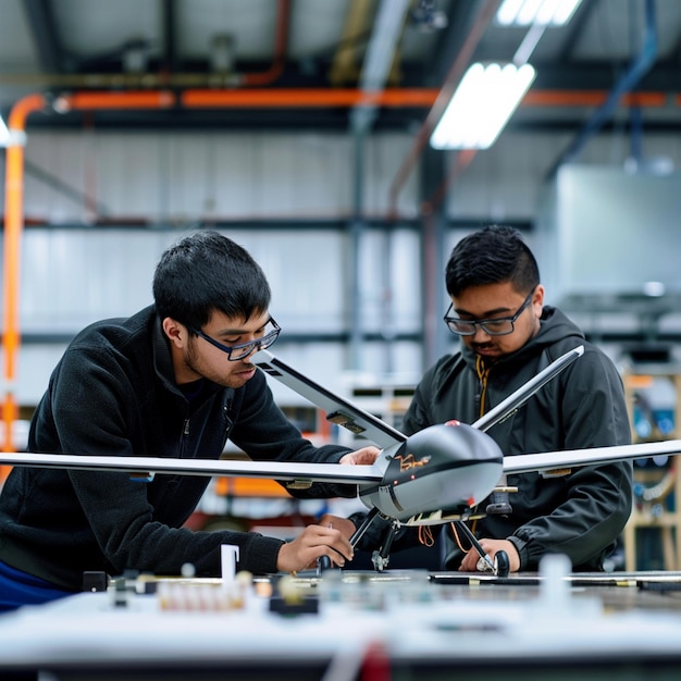 zwei Männer arbeiten an einem Modellflugzeug mit einem Propeller