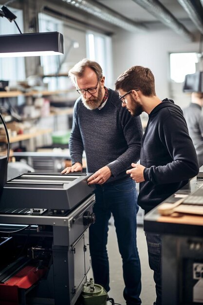 Foto zwei männer arbeiten an einem ofen in einem laden