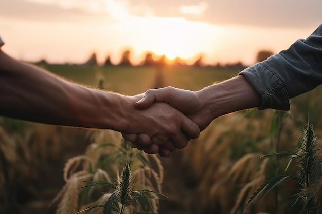 Zwei Männer, die sich auf einem Feld die Hände schütteln, einer von ihnen trägt ein Hemd und der andere trägt ein Hemd