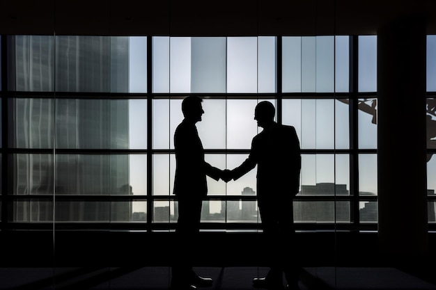 Zwei Männer geben sich in einem Büro die Hand, im Hintergrund die Stadt
