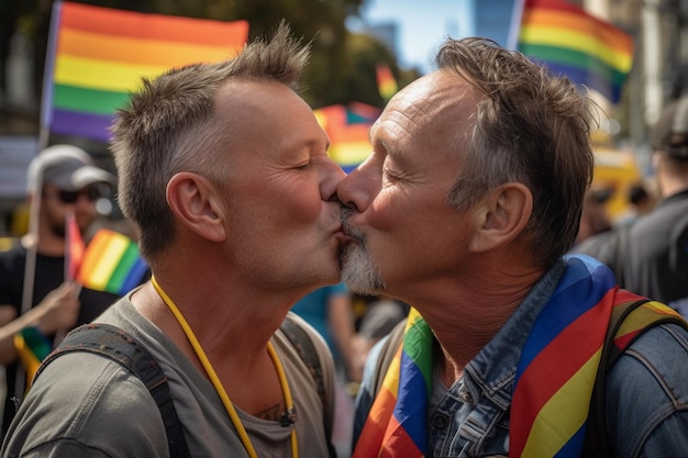 Zwei Männer in den Sechzigern geben und küssen sich auf die Lippen mit der lgtbi-Flagge im Hintergrund