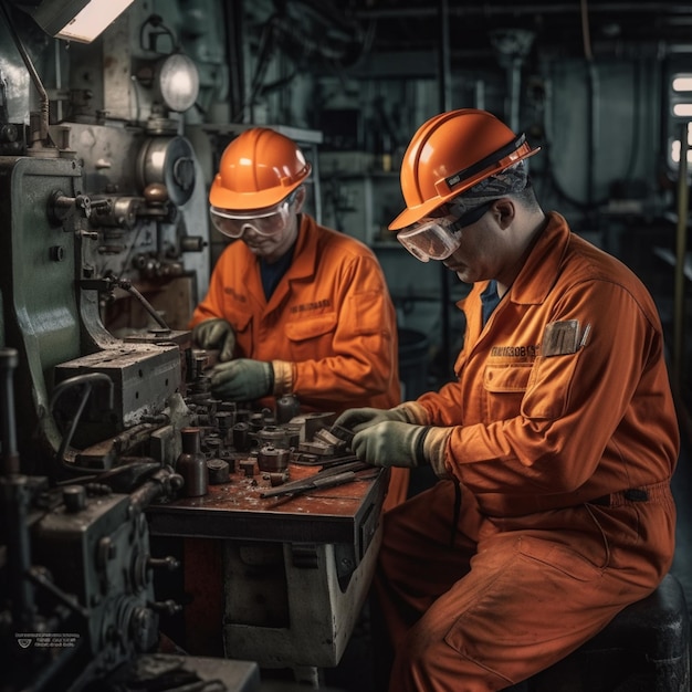 Zwei Männer in Orange arbeiten an einer Maschine in einer Fabrik für generative KI