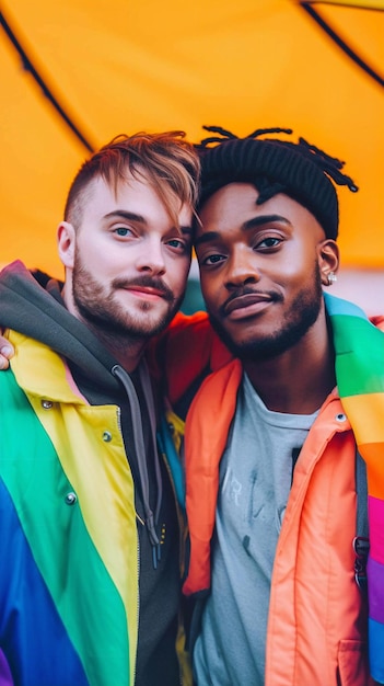 Zwei Männer in Regenbogenjacken posieren für ein Foto.