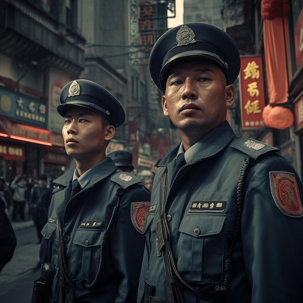 Zwei Männer in Uniform stehen auf einer Straße vor einem chinesischen Schild.